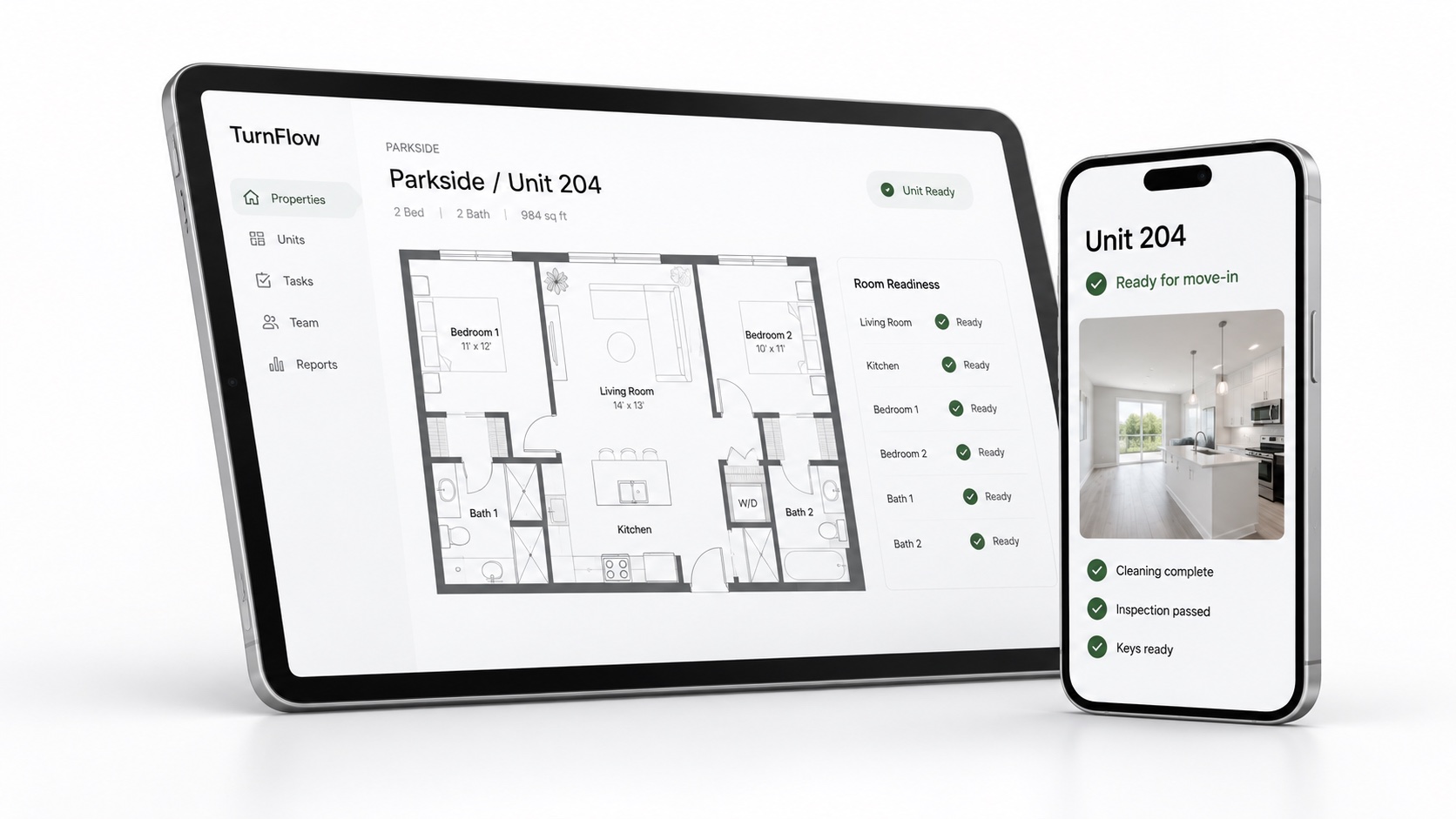TurnFlow concept interfaces on a silver tablet and phone, showing a room plan and a unit ready for move-in