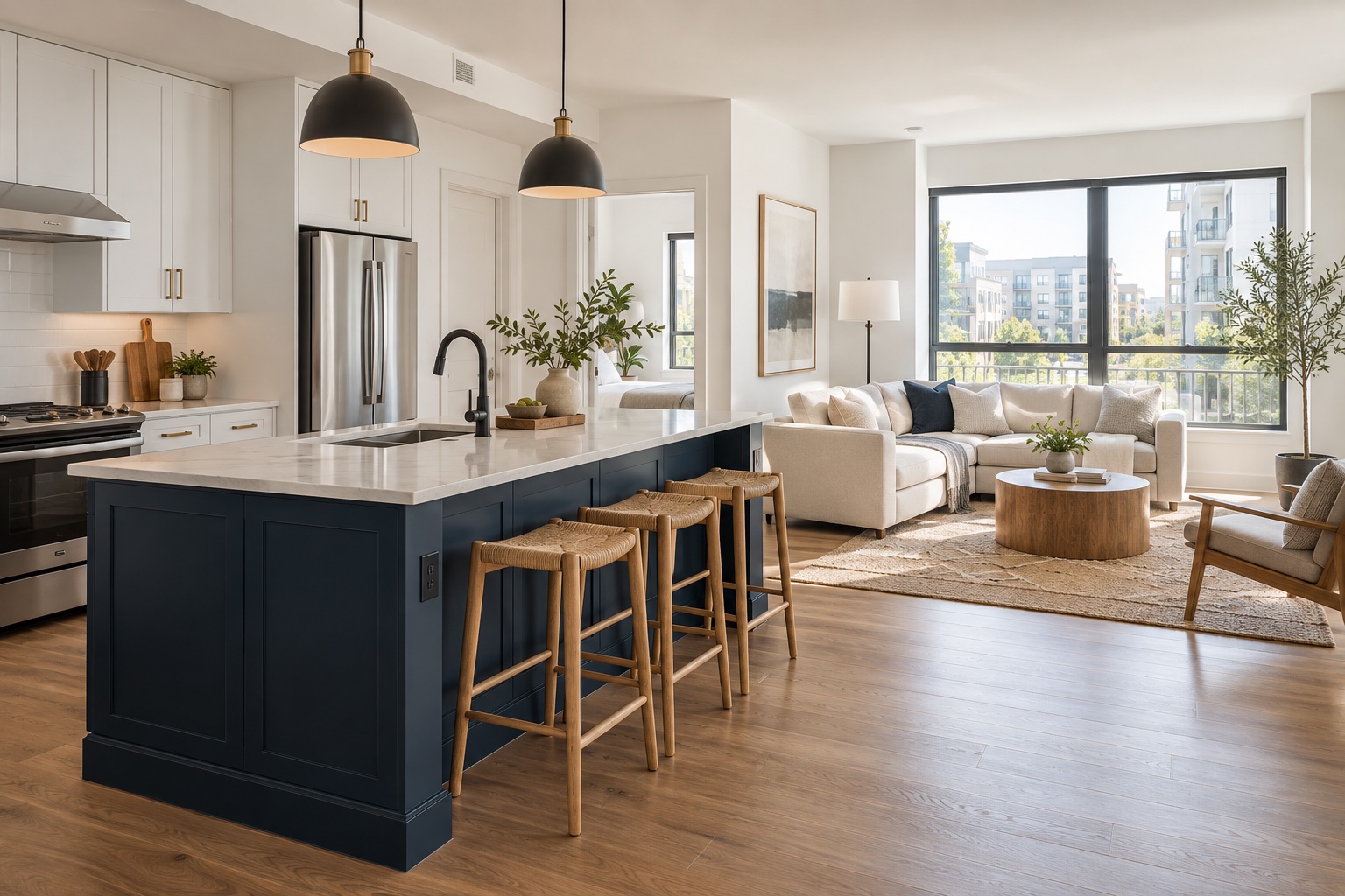 Sunlight fills a finished apartment kitchen and living space